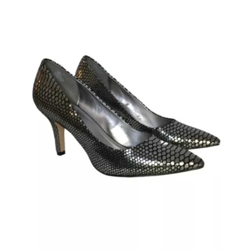 Anne Klein Yerma Metallic Silver Pewter Snake Reptile Pointed Pump 9.5 EUC